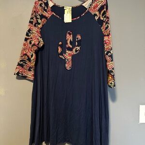 Navy Paisley Sleeve Midi Dress with Cactus Appliqué